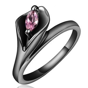 Black Rhodium Plated CZ Lily Flower Ring Pink